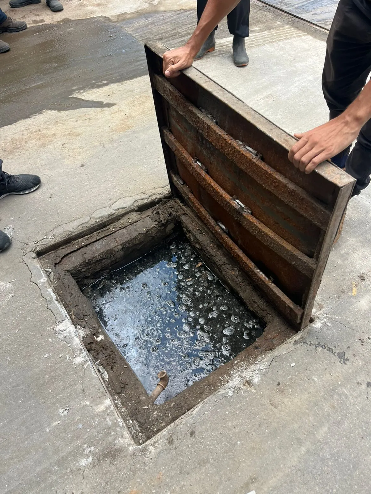 Caixa de gordura aberta para limpeza, com camada de gordura na superficie, em Curitiba