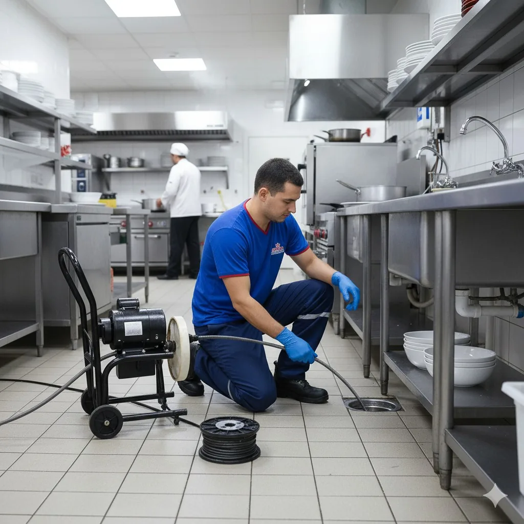 Técnico da Suprema desentupindo ralo de cozinha industrial em restaurante no Curitiba