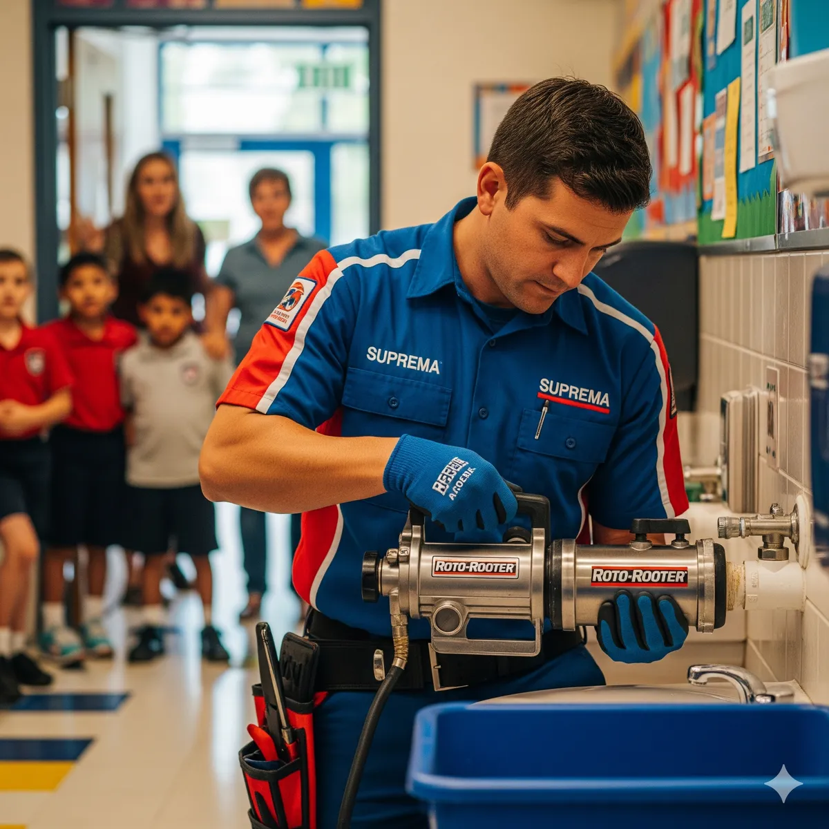 Técnico da Suprema desentupindo pia de escola com máquina rotativa em Curitiba