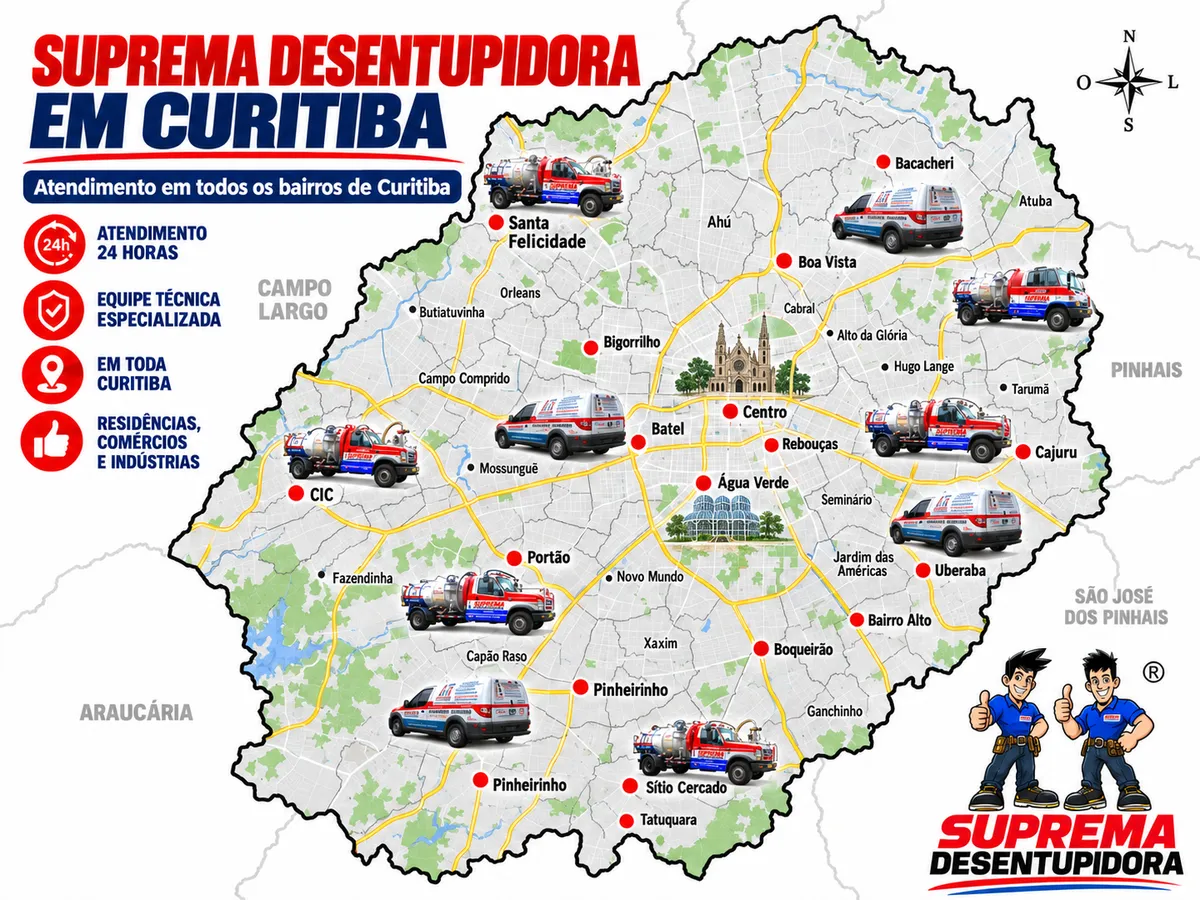 Mapa de atendimento da Suprema Desentupidora em todos os bairros de Curitiba, com caminhão limpa fossa e equipe