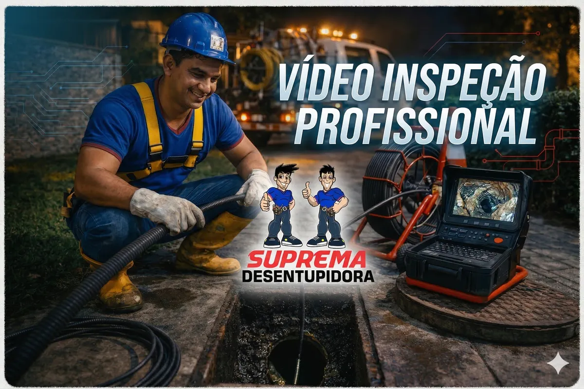 Técnico da Suprema fazendo vídeo inspeção de tubulação com câmera e monitor em Curitiba